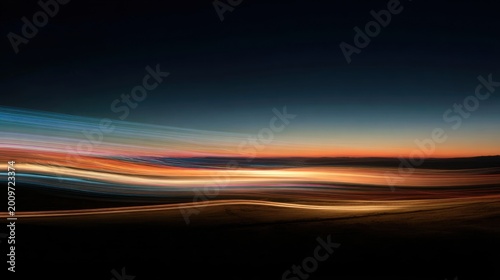 Abstract Light Streaks Flowing Across Horizon at Dusk