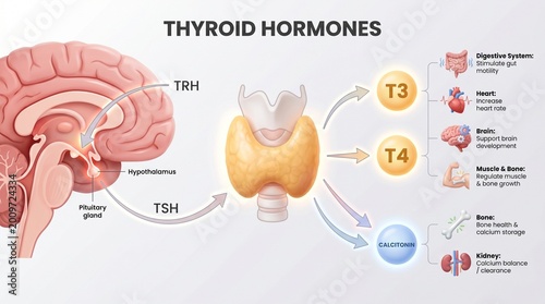 Medical illustration of the human thyroid hormone system