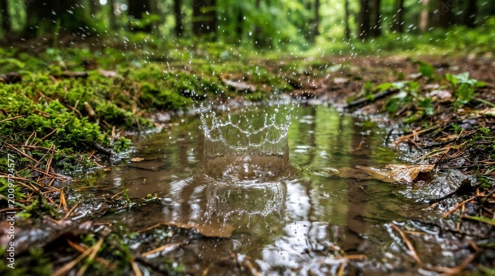 Fototapeta premium High-speed capture of a water droplet creating a crown-shaped splash in a muddy puddle on a forest floor surrounded by green moss and pine needles.