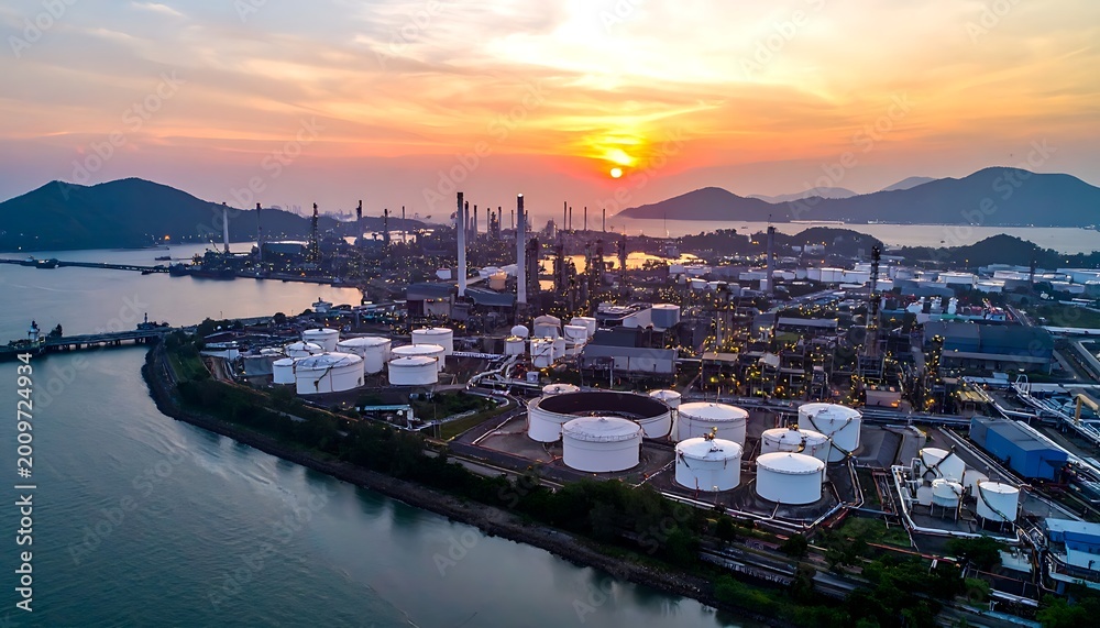 Fototapeta premium Industrial harbor at sunset with storage tanks.