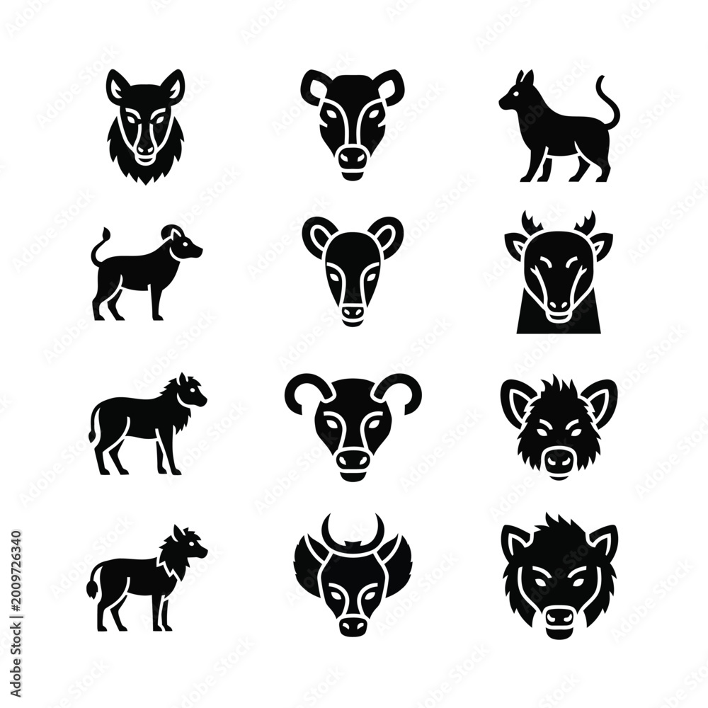 Obraz premium Black silhouettes of various animal heads 2.