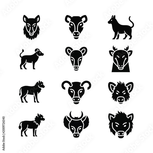 Fotografi Black silhouettes of various animal heads 2.