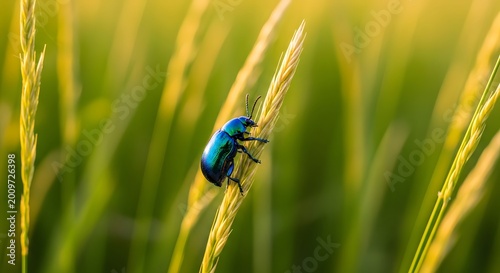Iridescent beetle on golden grass a macro exploration of nature's beauty
