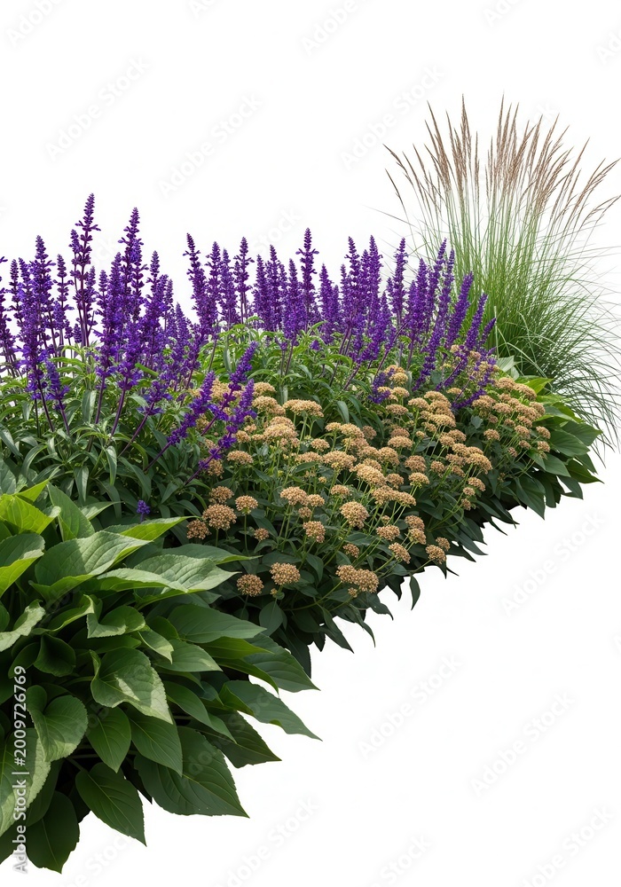 Fototapeta premium Vibrant purple salvia flowers bloom alongside decorative grasses and light tan perennials against a pure white background.