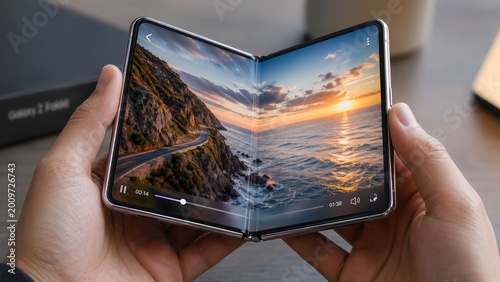 Hands holding foldable smartphone playing wide cinematic nature landscape video.