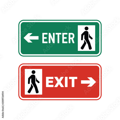 Green enter and red exit signs with pedestrian icons indicating direction of movement