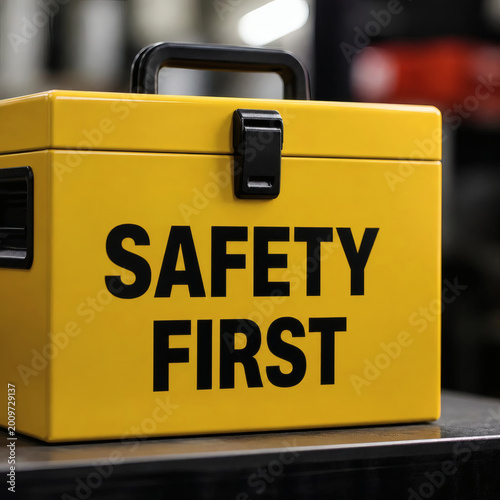 safety first urgency bold red box on muted background professional for workplace compliance industrial alertness and hazard prevention messaging