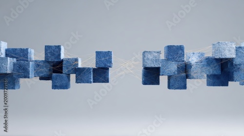 Global conflict concept with two opposing forces represented by abstract blocks and tension lines, geopolitical instability idea