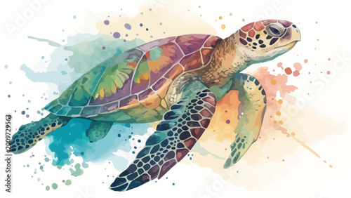 Watercolor sea turtle with colorful splashes marine life white background green turtle underwater wildlife creature illustration watercolor painting isolated colorful splashes artistic