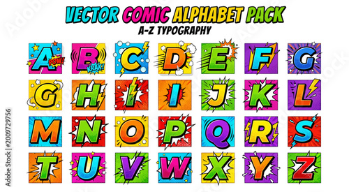 A vibrant A-Z typography pack in a bold retro comic book style. Featuring speech bubble shapes and bright colors, it’s ideal for graphic novels, posters, and youth-oriented event marketing.