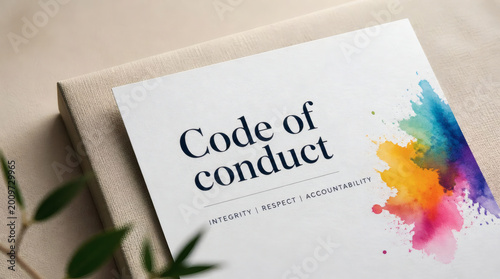 professional code of conduct concept elegant serif font on crisp white paper vibrant color splash canvas texture business ethics trust integrity corporate policy compliance sophisticated office decor
