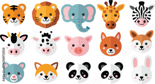 Set of Cute Animal Faces Icons Featuring Tiger, Lion, Elephant, Giraffe, Panda, and Other Wild Animals for Kid’s Design Projects.