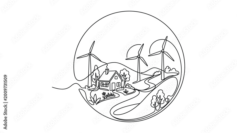 Obraz premium continuous line art Sustainable rural landscape with wind turbines.
