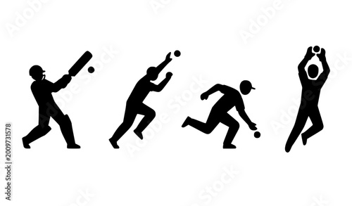 Fotografie imal cricket player icon set batting bowling fielding catching simple vector ill