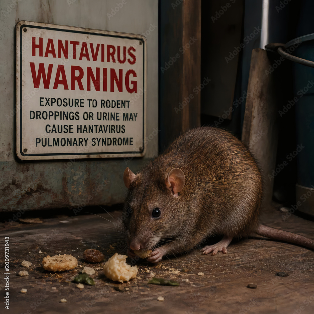 Naklejka premium brown rat eating leftover food near hantavirus warning sign in dim studio documentary pest control rodent infestation neglected premises warm muted lighting shallow depth of field