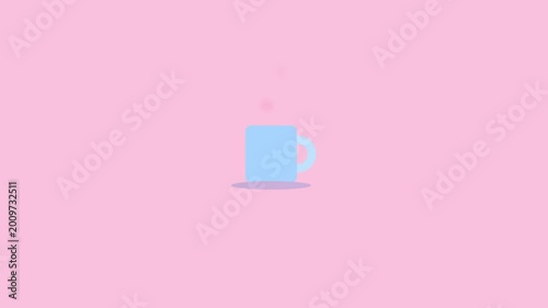 Simple cartoon illustration of a steaming coffee cup on a pink background