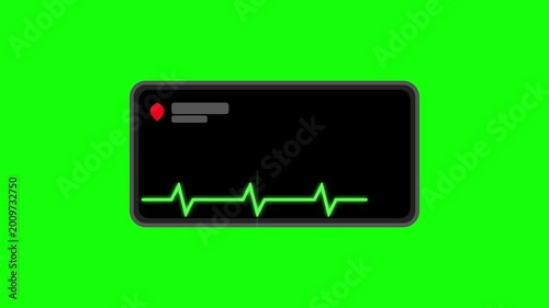 A digital medical monitor screen displaying a vibrant green electrocardiogram (ECG) heartbeat waveform against a dark background, with a red recording indicator.