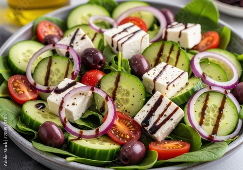 Fresh greek salad bowl features feta cheese cubes with balsamic glaze dressing.
