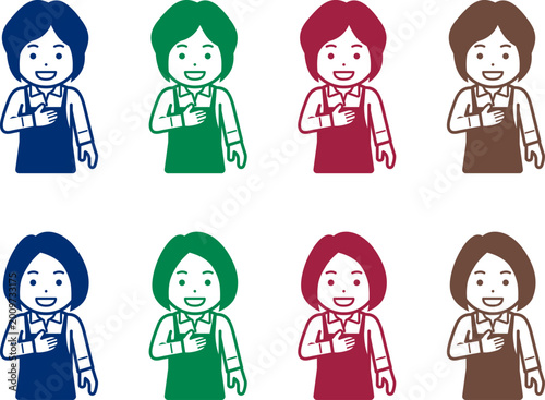 [髪型違い] 「お任せください」と胸に手を当てるエプロンの女性のアイコン