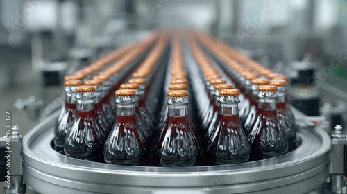 Bottles of Carbonated Beverage on Conveyor Belt in Modern Factory Production Line for Refreshing Drinks Industry