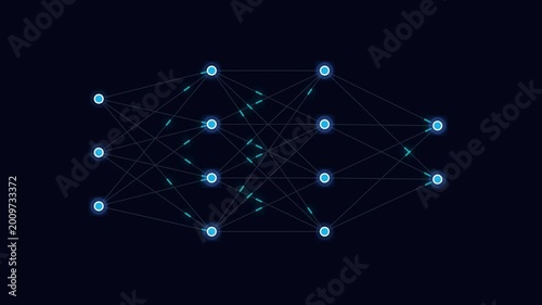 Abstract visualization of a deep learning neural network with interconnected glowing nodes on a dark background.