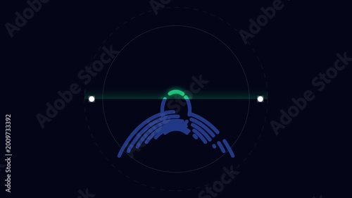 Abstract digital illustration featuring a stylized blue bird soaring beneath a glowing green line within a dark circular interface.