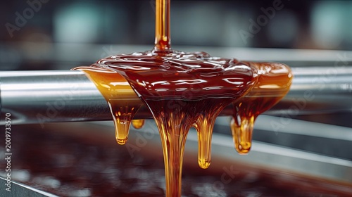 Viscous Brown Substance Dripping from Metal Surface in Industrial Setting with Glossy Texture and Flowing Movement