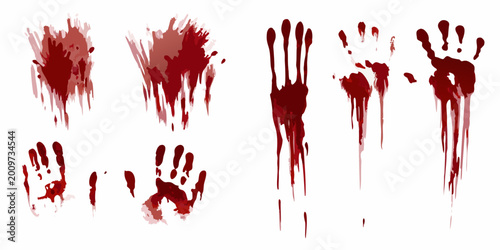 Bild auf Leinwand Realistic blood splatters and handprints collection on a white background forens