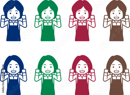 [髪型違い] 「がんばります」とこぶしを握るエプロンの女性のアイコン
