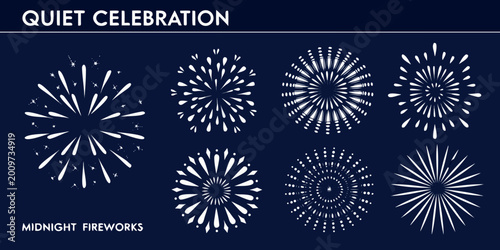 Fireworks display collection white vector silhouettes on dark navy background high quality professional detailed modern