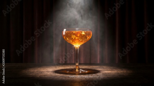 Glowing Amber Cocktail in Coupe Glass under Dramatic Spotlight with Smoke