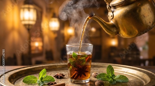 Pouring Steaming Hot Spiced Moroccan Mint Tea from a Vintage Brass Teapot