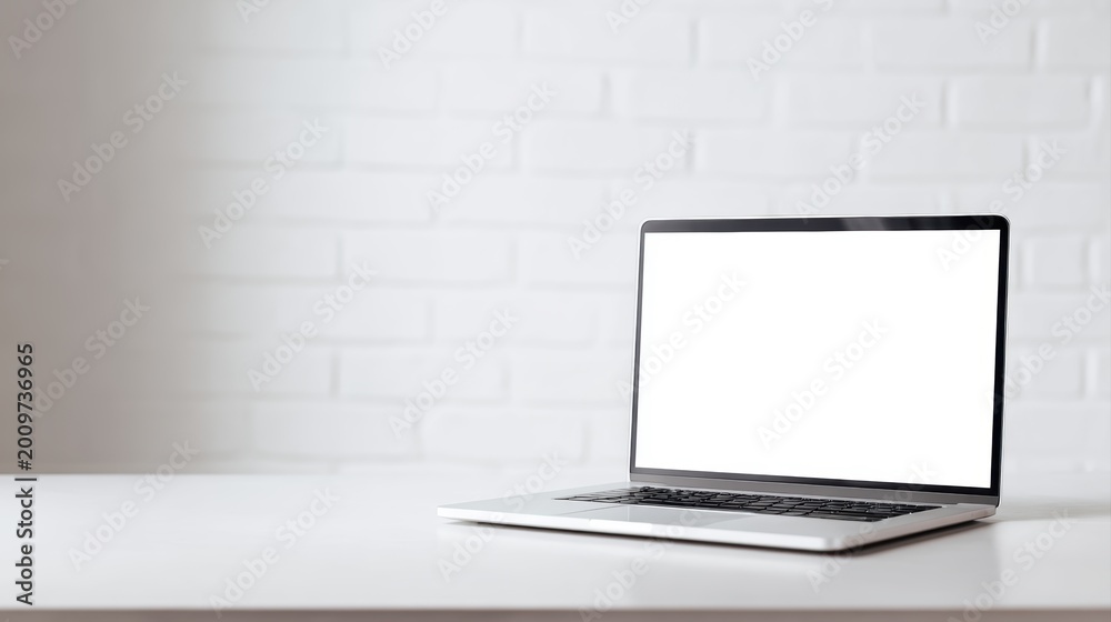 Fototapeta premium Clean empty desk with laptop and copy space, business mockup, minimal composition