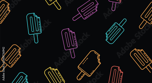 Colorful neon popsicle pattern on black background featuring diverse ice cream treats with bright outline style for fun summer poster or food graphic design.