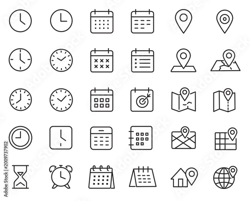 Bild auf Leinwand Time, Date, and Location Line Icons – Editable Stroke Vector Collection Featurin