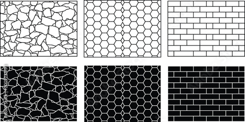 Set of stone brick and honeycomb pattern textures in black and white