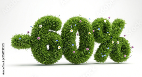 Eye-catching 3D render of a -60% discount sign crafted from lush green grass and adorned with delicate blooming wildflowers. For spring and summer seasonal sales, promotional offers