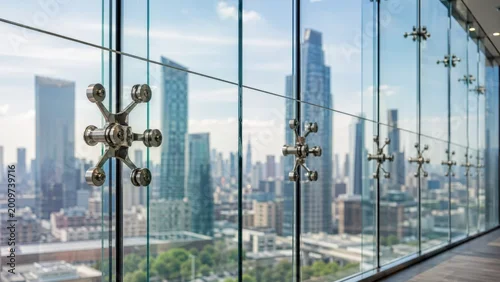 Obraz Glass wall with metal spider fittings overlooking city.