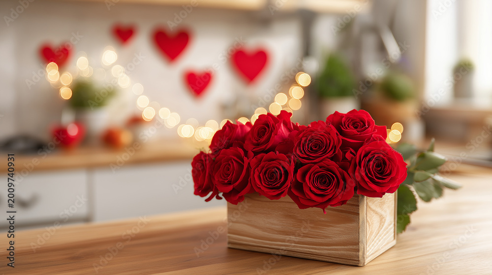 Obraz premium valentine's day concept, red roses bouquet in wooden box on white table with blurred kitchen interior background and heart shaped lights. valentine day decoration for home or office space