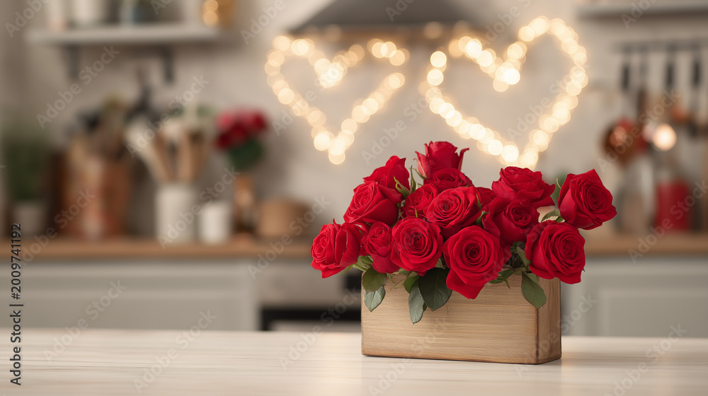 Obraz premium valentine's day concept, red roses bouquet in wooden box on white table with blurred kitchen interior background and heart shaped lights. valentine day decoration for home or office space