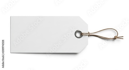Blank white paper tag hangs by a thin string against a clean background.