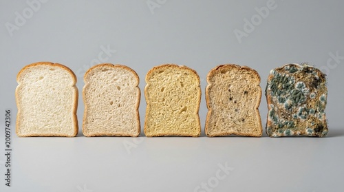 Progression of bread mold from fresh to spoiled, food spoilage and decay concept