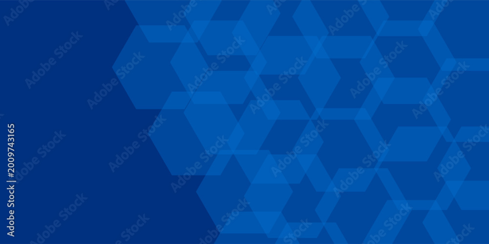 Fototapeta premium Modern blue background with transparent overlapping hexagonal geometric patterns. This futuristic tech-inspired design is perfect for corporate banners, digital presentations, and web backdrops.