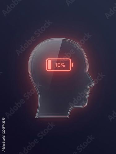 Mental exhaustion concept — human head with low battery icon