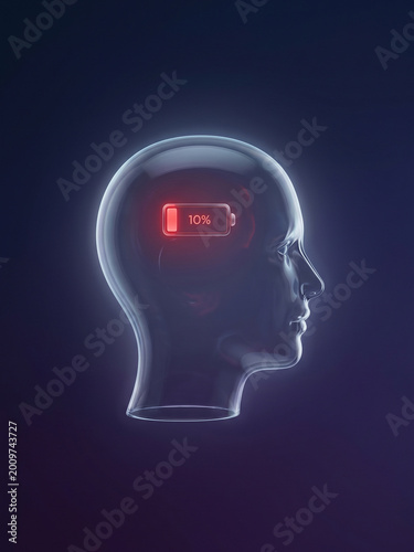 Mental exhaustion concept — human head with low battery icon