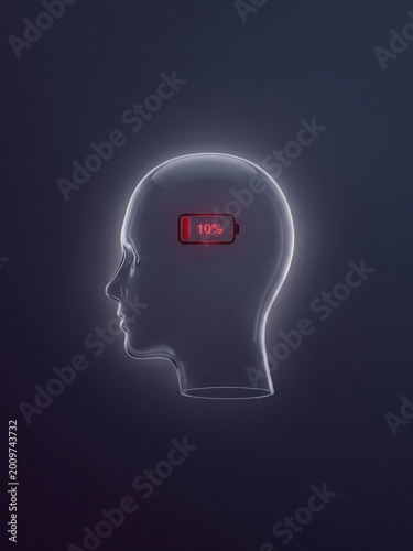 Mental exhaustion concept — human head with low battery icon