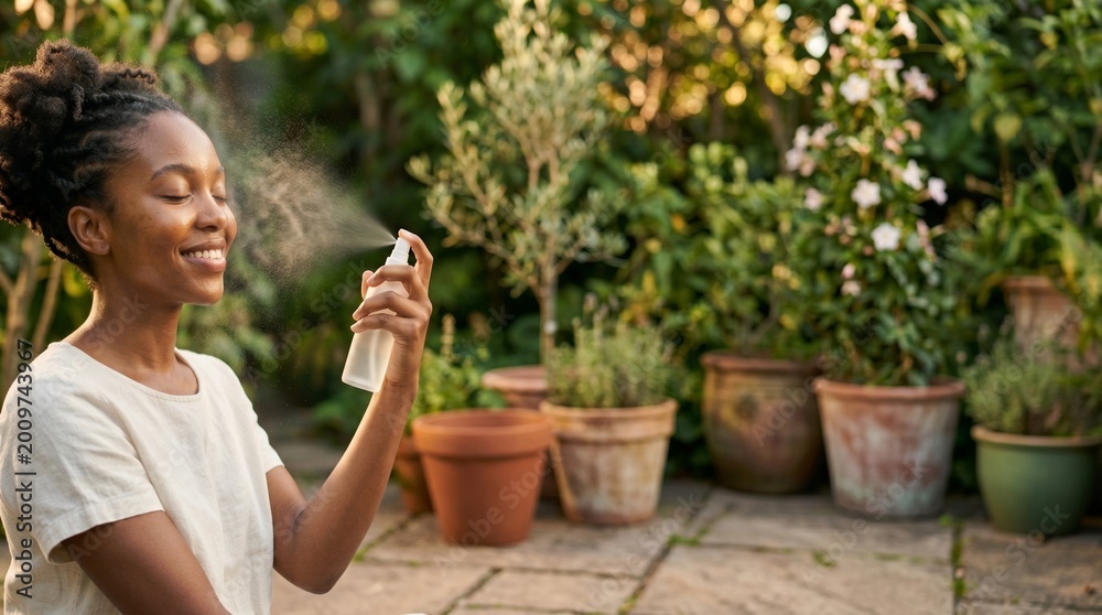 Fototapeta premium Young African American woman spraying face mist in sunny garden patio.