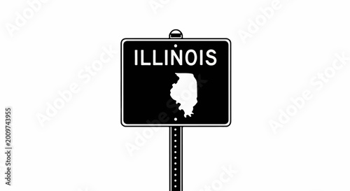 A black and white sign displays the state name and outline of Illinois