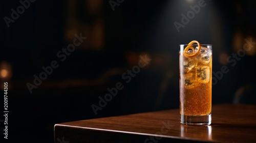Refreshing alcoholic cocktail with orange garnish on wooden bar counter.