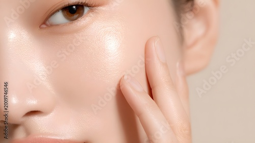 close-up of healthy glowing skin with clear texture and hydration. Radiant asian or korean woman applies moisturizer serum for a beauty routine. smooth dermatology treatment results.